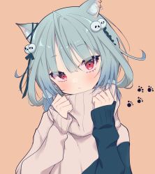 Rule 34 | 1girl, absurdres, ahoge, alternate costume, animal ears, blush, cat ears, commentary request, ear piercing, embarrassed, green hair, hair ornament, highres, hikap, hololive, looking at viewer, low twintails, piercing, red eyes, short hair, short twintails, skull hair ornament, sleeves past wrists, solo, sweater, twintails, two-tone sweater, upper body, uruha rushia, virtual youtuber