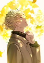 Rule 34 | 1boy, adjusting collar, blonde hair, brown coat, coat, day, highres, leaf, long sleeves, looking up, male focus, original, outdoors, shiraho (m shiraho), solo, turtleneck, upper body, yellow eyes