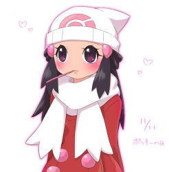 Rule 34 | 1girl, beanie, black hair, blush, coat, creatures (company), dated, dawn (pokemon), eating, female focus, food, game freak, hair ornament, hairclip, hat, heart, japanese text, lips, long hair, long sleeves, looking up, mouth hold, nintendo, pocky, poke ball theme, pokemon, pokemon dppt, pokemon platinum, purple eyes, red coat, sawarabi (sawarabi725), scarf, simple background, solo, standing, translation request, upper body, white background, white hat, white scarf, winter clothes