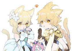 Rule 34 | 1boy, 2girls, aether (genshin impact), ahoge, animal ear fluff, animal ears, animal hands, arm armor, armor, bare shoulders, beret, blonde hair, blue eyes, braid, breasts, brother and sister, brown gloves, brown shirt, cat ears, cat tail, detached sleeves, diona (genshin impact), dress, fang, flower, genshin impact, gloves, hair between eyes, hair flower, hair ornament, hand up, hat, kemonomimi mode, long hair, long sleeves, looking at viewer, looking up, lumine (genshin impact), medium breasts, multiple girls, null no, open mouth, pink hair, purple headwear, scarf, shirt, short hair, short hair with long locks, short sleeves, shoulder armor, siblings, sidelocks, simple background, smile, standing, tail, topknot, v-shaped eyebrows, white background, white dress, white flower, white scarf, yellow eyes