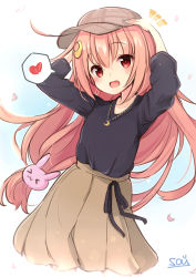 Rule 34 | 1girl, alternate costume, black shirt, blush, brown hat, brown skirt, crescent, crescent hair ornament, crescent necklace, gradient background, hair between eyes, hair ornament, hands on own head, hat, heart, jewelry, kantai collection, long hair, long sleeves, low-tied long hair, necklace, open mouth, petals, pink hair, rabbit hair ornament, red eyes, shirt, signature, simple background, skirt, solo, sou (soutennkouchi), spoken heart, uzuki (kancolle)