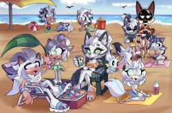 Rule 34 | 1other, 5boys, 5girls, animal ears, ball, beach, beach chair, beach towel, beach umbrella, beachball, blue shorts, bottle, bra, bracelet, breasts, can, cat ears, chao (sonic), cleavage, closed eyes, cooler, crossed legs, day, food, furry, furry female, furry male, green eyes, green skirt, highres, holding, holding food, holding leaf, holding popsicle, jewelry, kneeling, large breasts, leaf, leaf fan, long hair, mechanical arms, multiple boys, multiple girls, open mouth, orange bra, orange footwear, orange shorts, original, outdoors, popsicle, purple eyes, red shorts, robot, sand, sand bucket, sandals, shorts, sitting, skirt, skyicah, sonic (series), stuffed toy, tail, tongue, tongue out, towel, umbrella, underwear, wand, water, white hair
