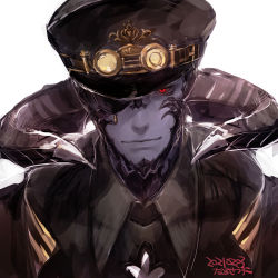Rule 34 | 1boy, au ra, black hat, black sclera, closed mouth, colored sclera, colored skin, dated, eyepatch, fictional persona, final fantasy, final fantasy xiv, goggles, goggles on head, hat, horns, looking at viewer, male focus, purple skin, red eyes, signature, simple background, smile, solo, tinted eyewear, upper body, uroko (mnr), warrior of light (ff14), white background, yellow-tinted eyewear