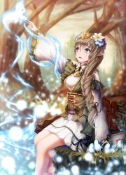 Rule 34 | 1girl, bad id, bad pixiv id, book, braid, brown hair, day, dress, earrings, elf, flower, green eyes, h2o (dfo), hair flower, hair ornament, hair tie, hand up, hitodama, jewelry, long hair, open mouth, original, outdoors, pointy ears, ribbed dress, sitting, solo, tree, tree stump, wide sleeves