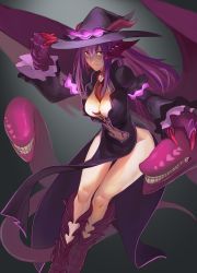 Rule 34 | &gt;:/, 1girl, :/, absurdres, animal hands, between breasts, black dress, blush, breasts, center opening, claws, cleavage, cleavage cutout, closed mouth, clothing cutout, commission, dark mage (monster girl encyclopedia), dragon girl, dragon wings, dress, extra tongue, gold teeth, grin, hand on another&#039;s head, hand on headwear, hat, highres, horns, jabberwock (monster girl encyclopedia), juliet sleeves, less, loincloth, long hair, long sleeves, looking at viewer, medium breasts, monster girl, monster girl encyclopedia, navel, navel cutout, no panties, pelvic curtain, puffy sleeves, purple hair, red eyes, revealing clothes, simple background, smile, teeth, thighs, v-shaped eyebrows, wings, witch, witch hat
