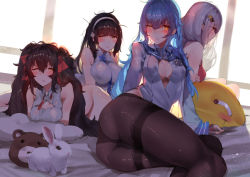 Rule 34 | :&lt;, arm support, ass, assault rifle, bare shoulders, bed, bed sheet, blue hair, blush, bottomless, bow, bra, breast press, breasts, brown hair, bullpup, rabbit, cleavage cutout, clothing cutout, cushion, girls&#039; frontline, gun, hair bow, hair ornament, hairclip, half-closed eyes, halterneck, iwi tavor, indoors, large breasts, legs together, lips, long hair, looking at viewer, lying, machine gun, messy hair, necktie, no panties, on side, on stomach, panties, panties under pantyhose, pantyhose, parted lips, pk (girls&#039; frontline), pkm, profile, type 95 (girls&#039; frontline), type 97 (girls&#039; frontline), rifle, sitting, sleepy, stuffed animal, stuffed rabbit, stuffed toy, tar-21 (girls&#039; frontline), teddy bear, twintails, underwear, weapon, white hair, window, yueqin (monnpiano)