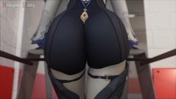 Rule 34 | 1girl, 3d, almightypatty, animated, ass, ass focus, black shirt, black thighhighs, blouse, blurry, depth of field, eula (genshin impact), from behind, genshin impact, grey thighhighs, highres, huge ass, jiggle, leotard, long sleeves, shirt, solo, thigh strap, thighhighs, thighs, treadmill, walking, video
