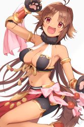 Rule 34 | 1girl, :d, animal hands, antenna hair, arm up, bare shoulders, black gloves, black shorts, breasts, brown hair, cleavage, dark-skinned female, dark skin, fang, feet out of frame, gloves, grey background, highres, kaori (princess connect!), long hair, medium breasts, mugi (iccomae), navel, open mouth, parted bangs, paw gloves, princess connect!, red eyes, red footwear, shoes, short shorts, shorts, simple background, smile, solo, standing, standing on one leg, tail, very long hair