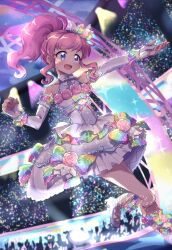 Rule 34 | 1girl, :d, absurdres, anisakisu, audience, bare shoulders, concert, crown, detached sleeves, dress, floral print, flower, frilled dress, frills, full body, glowstick, hand up, high ponytail, highres, idol, idol clothes, kiratto pri chan, long hair, looking to the side, momoyama mirai, open mouth, outstretched arm, pink flower, pink hair, pink rose, pretty series, purple eyes, rainbow bow, rose, sidelocks, sleeveless, sleeveless dress, smile, solo, sparkle, stage, stage lights, standing, sweatdrop, white dress