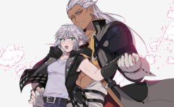 2boys abs ansem_seeker_of_darkness armpits belt blue_eyes blush dark-skinned_male dark_skin gloves grabbing_from_behind grey_hair grin hand_on_another&#039;s_hand hand_on_another&#039;s_waist highres holding_hands interracial kingdom_hearts large_hands lgw7 long_hair male_focus multiple_boys open_clothes open_mouth orange_eyes pectorals riku_(kingdom_hearts) shirt short_hair smile smoke surprised sweatdrop tight_clothes tight_shirt yaoi