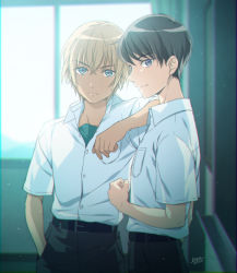 Rule 34 | 2boys, aged down, amuro tooru, backlighting, belt, black belt, black hair, black pants, blonde hair, blue eyes, buttons, classroom, closed mouth, collared shirt, commentary request, cowboy shot, dated, dress shirt, elbow on another&#039;s shoulder, hair between eyes, hand in pocket, highres, indoors, kouno kb, looking at viewer, male focus, meitantei conan, multiple boys, pants, purple eyes, school uniform, scotch (meitantei conan), serious, shirt, shirt tucked in, short hair, signature, smile, standing, white shirt