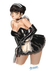 Rule 34 | 1girl, apron, bare shoulders, black dress, black gloves, black hair, breasts, cable, choker, cleavage, cropped legs, dress, elbow gloves, expressionless, gloves, green eyes, hand on own thigh, highres, large breasts, maid, pantyhose, pc doplhin, shiny clothes, short dress, short hair, signature, simple background, solo, strapless, strapless dress, tsukasa jun, updo, waist apron, white background, wire