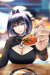 Rule 34 | 1girl, black sweater, blue choker, blue eyes, blue hair, blurry, blurry background, bow, bow earrings, breasts, choker, cleavage, cleavage cutout, clothing cutout, earrings, easonx, hair between eyes, hair intakes, hairband, highres, holding, holding spoon, hololive, hololive english, incoming food, jewelry, large breasts, long sleeves, looking at viewer, medium hair, necklace, ouro kronii, parted lips, roe, signature, solo, spoon, sweater, turtleneck, turtleneck sweater, upper body, virtual youtuber, white hairband