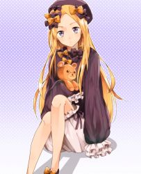 Rule 34 | 1girl, abigail williams (fate), arm support, black bow, black dress, black footwear, black hat, blonde hair, bloomers, blush, bow, bug, butterfly, commentary request, dress, fate/grand order, fate (series), forehead, gradient background, hair bow, hat, head tilt, hugging object, insect, long hair, long sleeves, looking at viewer, mary janes, orange bow, parted bangs, polka dot, polka dot bow, purple background, purple eyes, shoes, sitting, sleeves past fingers, sleeves past wrists, solo, stuffed animal, stuffed toy, teddy bear, underwear, very long hair, white background, white bloomers, woumu