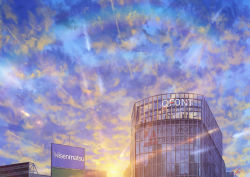 Rule 34 | blue sky, building, cityscape, cloud, cloudy sky, commentary, day, highres, lens flare, light rays, multicolored sky, niko p, no humans, original, outdoors, scenery, signature, sky, sun, sunlight, sunset