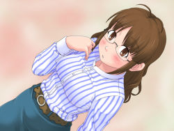 Rule 34 | 00s, 1girl, :o, akizuki ritsuko, antenna hair, belt, blue skirt, blush, breasts, brown eyes, brown hair, buttons, cowboy shot, dutch angle, female focus, from above, glasses, gradient background, hair down, idolmaster, idolmaster (classic), idolmaster 1, long hair, long sleeves, looking at viewer, looking up, medium breasts, rimless eyewear, shirt, skirt, solo, striped clothes, striped shirt, tareme, toshifumi, vertical-striped clothes, vertical-striped shirt, wavy hair