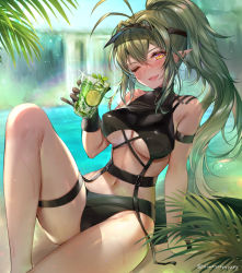 Rule 34 | 1girl, ;d, antenna hair, arknights, arm strap, bare legs, bare shoulders, bikini, black bikini, black gloves, black hat, blush, breasts, crocodilian tail, cup, day, drink, feet out of frame, food, fruit, gavial (arknights), gloves, green hair, hat, head tilt, high ponytail, holding, holding cup, knee up, large breasts, lime (fruit), lime slice, long hair, looking at viewer, navel, niwatori (satoru0201), official alternate costume, one eye closed, open mouth, outdoors, pointy ears, rainbow, sidelocks, single glove, sitting, smile, solo, sparkle, stomach, swimsuit, tail, thigh strap, twitter username, underboob, very long hair, visor cap, water, waterfall, wet, yellow eyes