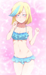 Rule 34 | 1girl, bare shoulders, bikini, bikini skirt, blonde hair, blue bikini, blue eyes, blue hair, blush, breasts, collarbone, commentary, cowboy shot, earclip, english commentary, facing viewer, groin, hands up, highres, jcm2, looking at viewer, medium hair, multicolored hair, navel, pink background, sam (the loud house), sam sharp, small breasts, smile, solo, sparkle, standing, stomach, streaked hair, swept bangs, swimsuit, the loud house, two-tone hair