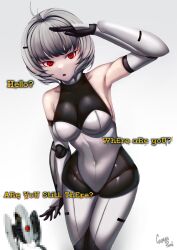 Rule 34 | 1girl, absurdres, antenna hair, arm guards, black bodysuit, bodysuit, bodysuit under clothes, breasts, caiman pool, censored, covered navel, creature and personification, elbow gloves, english text, gloves, grey hair, highleg, highleg leotard, highres, identity censor, leotard, medium breasts, mosaic censoring, personification, portal (series), red eyes, sentry turret (portal), short hair, thighhighs, white leotard, white thighhighs