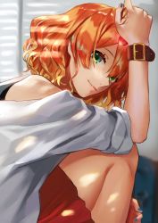 Rule 34 | 1girl, bracelet, close-up, fetal position, freyja wion, green eyes, hand in own hair, highres, jewelry, light smile, looking at viewer, looking back, macross, macross delta, nail polish, orange hair, pote-mm, red skirt, skirt, solo