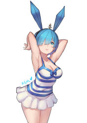 Rule 34 | 10s, 1girl, absurdres, alternate costume, animal ears, armpits, arms behind back, arms up, bare arms, bare shoulders, blue eyes, blue hair, breasts, character name, cleavage, covered navel, cowboy shot, dress, fake animal ears, hairband, highres, leaning forward, leotard, light smile, lips, looking at viewer, medium breasts, playboy bunny, rabbit ears, re:zero kara hajimeru isekai seikatsu, rem (re:zero), short dress, short hair, solo, striped clothes, striped dress, zxj