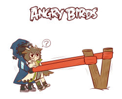 Rule 34 | 1boy, 1girl, ?, angry birds, arknights, batkangaroo, brown eyes, brown hair, chinese commentary, doctor (arknights), feather hair, glasses, owl ears, silence (arknights), slingshot (weapon), spoken question mark, stretching