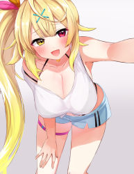 Rule 34 | 1girl, :d, bare arms, bare shoulders, bent over, bikini, bikini under clothes, black bikini, blonde hair, blue shorts, blush, bralines, breasts, cleavage, collarbone, feet out of frame, festa11307070, gradient background, hair ornament, hanging breasts, heterochromia, hoshikawa sara, hoshikawa sara (1st costume), large breasts, long hair, looking at viewer, nijisanji, open mouth, outstretched arm, red eyes, selfie, shirt, short shorts, shorts, side ponytail, sidelocks, simple background, skindentation, sleeveless, sleeveless shirt, smile, solo, standing, swimsuit, thigh strap, very long hair, virtual youtuber, white background, white shirt, x hair ornament, yellow eyes