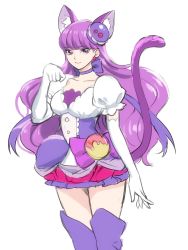 Rule 34 | 10s, 1girl, animal ears, artist request, boots, breasts, cat ears, cat girl, cat tail, collarbone, cowboy shot, earrings, elbow gloves, female focus, gloves, hair ornament, highres, jewelry, kirakira precure a la mode, kotozume yukari, large breasts, long hair, looking at viewer, precure, purple eyes, purple hair, simple background, smile, solo, standing, tail, white background, white gloves