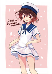 Rule 34 | 1girl, :d, blush, brown hair, cosplay, dated, dress, feet out of frame, hair between eyes, hat, hiburi (kancolle), hiburi (kancolle) (cosplay), kantai collection, mutsuki (kancolle), odawara hakone, one-hour drawing challenge, open mouth, red eyes, sailor dress, sailor hat, short hair, short sleeves, smile, solo, twitter username, white hat