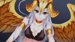 Rule 34 | 1girl, armlet, artist request, bare shoulders, black bra, black eyes, blush, bra, breasts, choker, cleavage, colored sclera, crown, fal (monster musume), feathered wings, feathers, game cg, large breasts, long hair, looking at viewer, monster musume no iru nichijou, monster musume no iru nichijou online, official art, pov, solo, underwear, white hair, wings, yellow feathers, yellow sclera, yellow wings