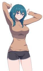 Rule 34 | 1girl, absurdres, arms up, black shorts, blue eyes, breasts, brown sweater, byleth (female) (fire emblem), byleth (fire emblem), commentary, cowboy shot, dark green hair, fire emblem, fire emblem: three houses, hand up, highres, jewelry, large breasts, nintendo, ring, s@turday, short shorts, shorts, simple background, solo, sweater, teeth, turtleneck, turtleneck sweater, upper teeth only, white background