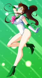 Rule 34 | 1girl, ankle boots, arm behind head, arm up, artist name, bare legs, bishoujo senshi sailor moon, blush, boots, bow, breasts, brown hair, choker, closed mouth, commentary, cosplay, danmakuman, earrings, elbow gloves, full body, gloves, gradient background, green background, green eyes, hair bobbles, hair ornament, high ponytail, highres, jewelry, kino makoto, kino makoto (cosplay), leg up, legs, leotard, long hair, looking at viewer, magical girl, medium breasts, ponytail, sailor collar, sailor jupiter, sidelocks, signature, sleeveless, smile, thighs, tiara, white gloves, white leotard