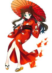 Rule 34 | 1girl, aqua eyes, bag, blush, bow, clog sandals, fate/stay night, fate (series), fish, goldfish, hair bow, himaya, japanese clothes, kimono, long hair, looking at viewer, obi, oil-paper umbrella, sandals, sash, simple background, sketch, smile, solo, tohsaka rin, two side up, umbrella, white background, zouri