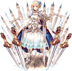 Rule 34 | 1girl, blonde hair, blue eyes, boots, breasts, cleavage, dress, flower, full body, hair flower, hair ornament, high heel boots, high heels, holding, holding sword, holding weapon, issairaku, large breasts, neuschwanstein (oshiro project), official art, oshiro project:re, oshiro project:re, side ponytail, solo, sword, thigh boots, thighhighs, transparent background, weapon