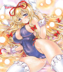 Rule 34 | 1girl, alternate costume, animal ears, artist name, at classics, blonde hair, blush, bow, bowtie, breasts, cleft of venus, covered erect nipples, covered navel, cowboy shot, hair bow, hair ribbon, hand up, large breasts, leotard, long hair, looking at viewer, lying, on side, parted lips, playboy bunny, purple eyes, purple leotard, rabbit ears, red bow, red bowtie, red ribbon, ribbon, sample watermark, sidelocks, solo, thighhighs, touhou, traditional media, very long hair, watermark, white thighhighs, wrist cuffs, yakumo yukari