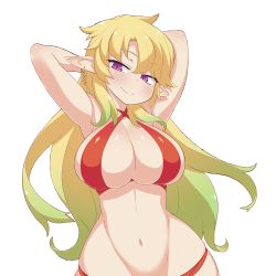 Rule 34 | 1girl, absurdres, armpits, arms behind head, bikini, blonde hair, breasts, cleavage, elf, elma (ishuzoku reviewers), highres, ishuzoku reviewers, large breasts, looking at viewer, navel, pointy ears, purple eyes, red bikini, seductive smile, smile, solo, swimsuit, third-party edit, wide hips