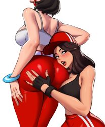 Rule 34 | 2girls, arm at side, ass, ass focus, ass grab, bangle, baseball cap, belt, black choker, black hair, black sports bra, blush, bracelet, breasts, brown hair, choker, cleavage, commentary, denim, earrings, english commentary, evie (fortnite), face in ass, fingerless gloves, fortnite, from behind, gloves, grabbing another&#039;s ass, groping, hat, head out of frame, highres, hoop earrings, huge ass, jeans, jewelry, large breasts, lipstick, long hair, looking to the side, magaska, makeup, multiple girls, pants, red headwear, red lips, red pants, ruby (fortnite), short hair, solo focus, sports bra, white background, white belt, white sports bra, yoga pants, yuri