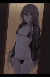 Rule 34 | 1girl, bikini, black bikini, black choker, black shirt, breasts, brown hair, choker, collarbone, commentary, doorway, girls&#039; frontline, hair between eyes, hand on own thigh, highres, indoors, long hair, long sleeves, looking at viewer, micro bikini, mixed-language commentary, open clothes, open shirt, parted lips, scar, scar across eye, scar on face, see-through, selcky, shirt, small breasts, smile, solo, straight hair, swimsuit, thigh gap, ump45 (girls&#039; frontline), very long hair, yellow eyes
