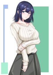 Rule 34 | 1girl, absurdres, alternate hairstyle, blue eyes, blue hair, blush, breasts, closed mouth, collarbone, green skirt, hair ornament, hairclip, highres, jewelry, kantai collection, ken (shutenndouji1), large breasts, long sleeves, looking at viewer, multicolored background, official alternate costume, official alternate hairstyle, ribbed sweater, ring, simple background, skirt, solo, souryuu (kancolle), sweater, wedding band, white sweater