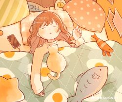 Rule 34 | 1girl, absurdres, animal ears, arm rest, artist name, bedroom, blanket, brown hair, cable, cat, cat ears, cellphone, charging device, clock, closed eyes, dotted line, egg print, hair flowing over, hand rest, head on pillow, highres, indoors, long hair, lying, mokunoki, on back, on bed, original, parted lips, pastel colors, phone, pillow, polka dot pillow, romaji text, scenery, smartphone, star-shaped pillow, striped pillow, stuffed animal, stuffed fish, stuffed shrimp, stuffed toy, twitter username, watermark