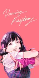 Rule 34 | 1girl, absurdres, arm warmers, black hair, brown eyes, commentary request, dancing raspberry, dms, double bun, hair bun, headset, highres, looking at viewer, love live!, love live! superstar!!, misaki nako, parted lips, real life, red background, short sleeves, solo, song name, standing, upper body, voice actor, white sleeves