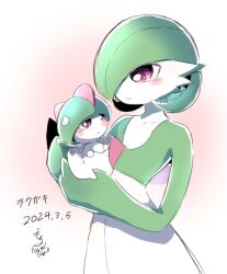 Rule 34 | 1girl, 1other, artist name, baby, blunt bangs, blush, blush stickers, bob cut, bowl cut, carrying, closed mouth, collarbone, colored skin, creatures (company), dated, eggshell, eye contact, flat chest, game freak, gardevoir, gen 3 pokemon, green hair, green skin, hair over one eye, hands up, happy, japanese text, looking at another, mochisaka mitsuki, multicolored skin, nintendo, one eye covered, pokemon, pokemon (creature), ralts, red background, red eyes, short hair, signature, simple background, smile, standing, translated, two-tone skin, upper body, white skin