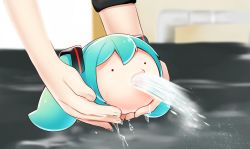 Rule 34 | . ., 1girl, aqua hair, blurry, blurry background, disembodied head, fish spitting water, hair ornament, hatsune miku, highres, holding, holding head, industrial pipe, masumofu, meme, puffer fish vomiting water (meme), solid circle eyes, twintails, vocaloid, water, what
