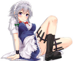 Rule 34 | 1girl, apron, arm support, blue dress, blush, boots, braid, combat boots, cross-laced footwear, dress, hair ribbon, highres, izayoi sakuya, jack dempa, knife, lace-up boots, looking at viewer, maid, maid apron, maid headdress, puffy short sleeves, puffy sleeves, purple eyes, ribbon, short sleeves, silver hair, sitting, smile, solo, thigh strap, touhou, twin braids, waist apron