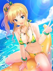 Rule 34 | 1girl, :d, artist name, ashita (2010), banana boat, bikini, blonde hair, blue eyes, blue sky, bracelet, breasts, cleavage, cloud, day, dutch angle, earrings, fang, gluteal fold, idolmaster, idolmaster cinderella girls, jewelry, large breasts, lens flare, long hair, navel, necklace, ohtsuki yui, open mouth, outdoors, riding, side ponytail, sidelocks, sitting, sky, smile, solo, swimsuit, w, wet, yellow bikini