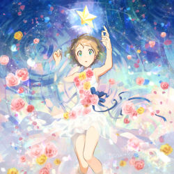 Rule 34 | 1girl, alternate costume, bare arms, blue eyes, blue ribbon, breasts, commentary request, creatures (company), dress, eyelashes, flower, from above, game freak, hands up, kanimaru, looking at viewer, lying, nintendo, on back, parted lips, petals, pink flower, pokemon, pokemon (anime), pokemon xy (anime), ribbon, ripples, serena (pokemon), short hair, signature, sleeveless, sleeveless dress, solo, twitter username, white dress, yellow flower