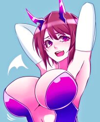 Rule 34 | 1girl, armpits, arms behind head, arms up, breasts, demon girl, demon horns, elbow gloves, gloves, highres, horns, hz (666v), large breasts, leotard, looking at viewer, midriff peek, motion lines, open mouth, original, purple eyes, red hair, short hair, solo