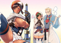 Rule 34 | 1boy, 1girl, bad id, bad pixiv id, bherna (armor), black hair, blue eyes, blush, breasts, breasts out, brown hair, chief researcher (monster hunter), clothed sex, cum, dark skin, female pubic hair, gloves, heart, hetero, inverted nipples, large breasts, light smile, looking at viewer, monster hunter, monster hunter (series), monster hunter x, nemu (nora), nipples, pubic hair, sequential, sex, short hair, smile, spoken heart, sword, thighs, underwear, weapon, wide hips