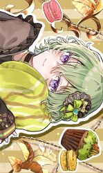 Rule 34 | 1girl, blush, bow, candle no kaori wa omoide to tomo ni (project sekai), closed mouth, commentary, cupcake, dot nose, flower, food, green bow, green hair, hair between eyes, hair ornament, highres, kusanagi nene, long sleeves, looking at viewer, macaron, mikeimikei, hugging object, official alternate costume, official alternate hair length, official alternate hairstyle, project sekai, purple hair, short hair, solo, twitter username
