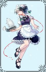 Rule 34 | 1girl, apron, bad id, bad pixiv id, blood, bow, braid, cup, excessive nosebleed, closed eyes, hair bow, highres, izayoi sakuya, maid, maid apron, maid headdress, megurimu, nosebleed, silver hair, smile, solo, sparkle, spinning, teacup, teapot, touhou, tray, twin braids